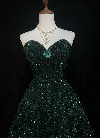 Vintage Ball Gown Sweetheart Dark Green Sequined Y2K 2000s Short Mini Homecoming Dresses N3108