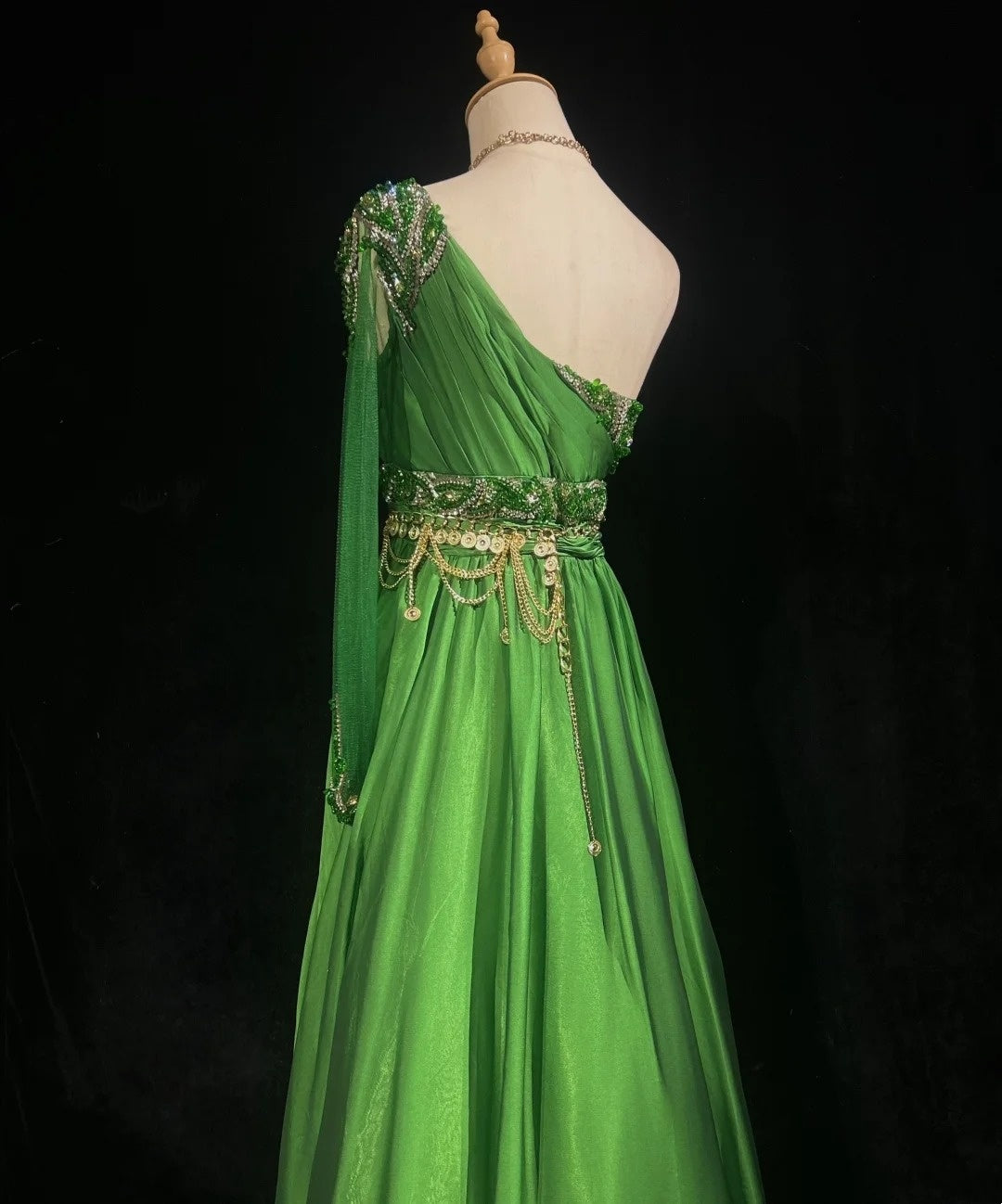 Sexy A Line One Shoulder Green Chiffon With Beads Gem Crystals Formal Dress Long Prom Dresses N2697