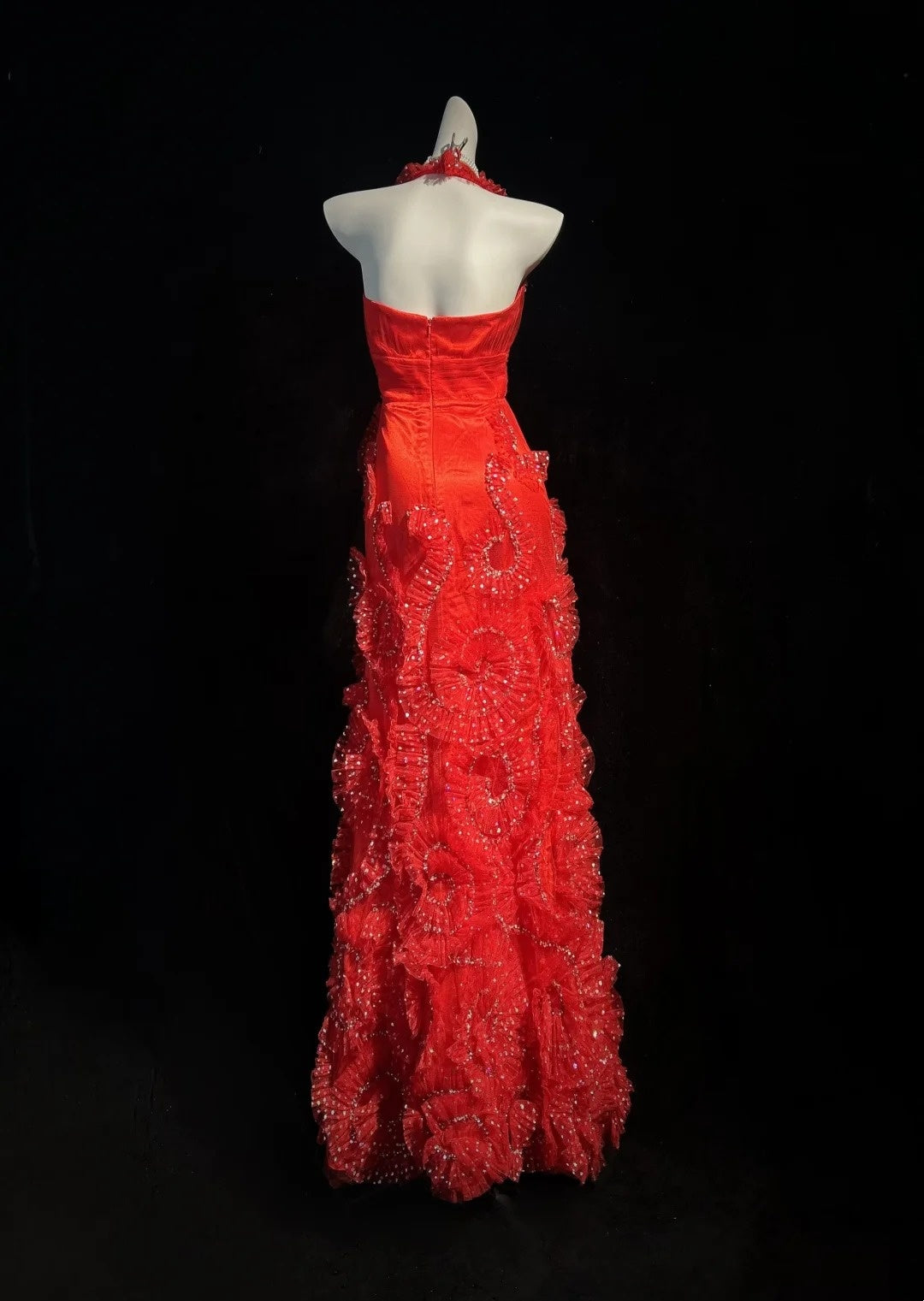 Vintage Prom Dresses 80s Mermaid Halter Red With Ruffle Tiered Floor Length Formal Outfits RB4328