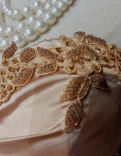 Glamour Meerjungfrau-Abendkleider Trägerlos Blush-Pink Satin Goldspitze mit Perlen Formal N3835