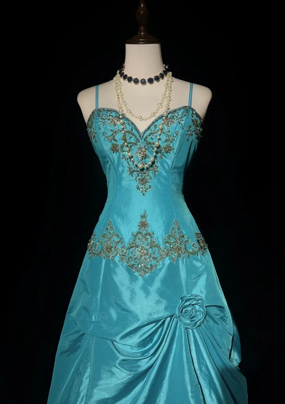 Vintage Abschlussballkleider Ästhetik 80er Retro Ballkleid Spaghettiträger Blau Taft Bodenlang Abendgarderobe N2329