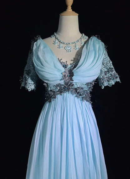 Robes de bal vintage des années 60, coupe trapèze, col en V, mousseline bleu ciel clair avec appliques, longue robe de bal N3109