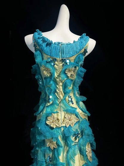 Vintage Prom Dresses 1970s A Line V Neck Blue Tulle With Beads Sleeveless Prom Dresses Evening Formal Outfits RB5126