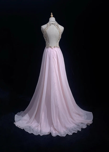 Vintage Ballkleid-Ästhetik Kleider A-Linie Schmuck Perle Rosa Chiffon Mit Perlen Lang Formales Kleid N3033
