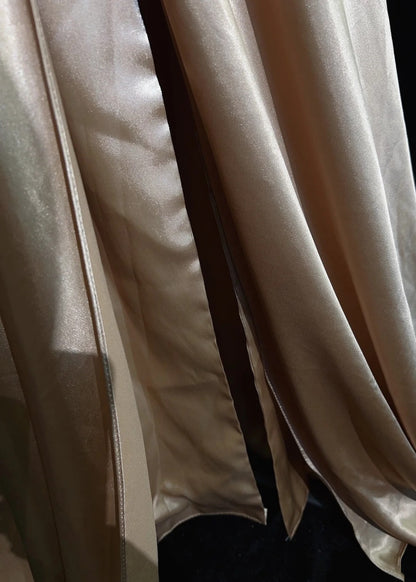 Idées de robes de bal vintage trapèze col en V en satin doré longues années 90 avec perles robes de soirée N3347