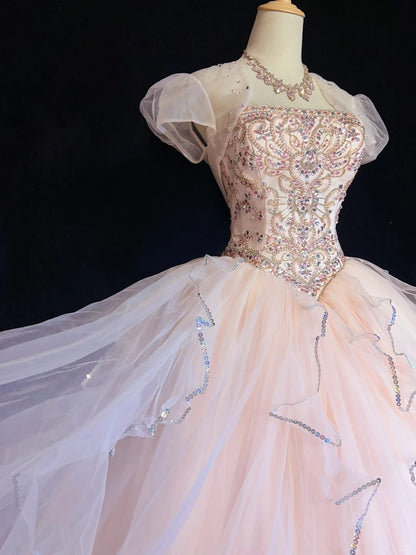 Sweet Ball Gown Strapless Short Sleeves Pink Sequined Long Formal Dress Birthday Prom Dresses With Jacket N2861