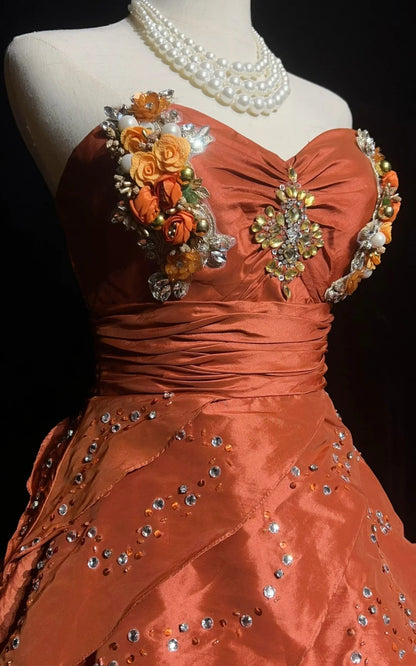 Robe de soirée bustier en taffetas orange pour la remise des diplômes ou le bal de promo, longueur courte, modèle N2891