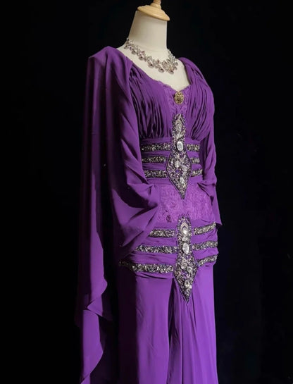 Vintage Ballkleider A-Linie V-Ausschnitt Lila Chiffon Mit Perlen Falten Langes Abendkleid N2460