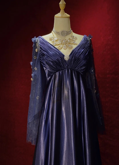 Vintage Ballkleider Inspo A-Linie Empire V-Ausschnitt Marineblau Satin 90er Mit Ärmeln Abendkleider N3314