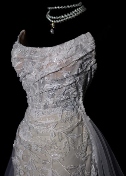 Chic Long Wedding Dresses White Mermaid Strapless Lace Long Wedding Dress For Brides Fitted With Train Bridal Gowns AB2476