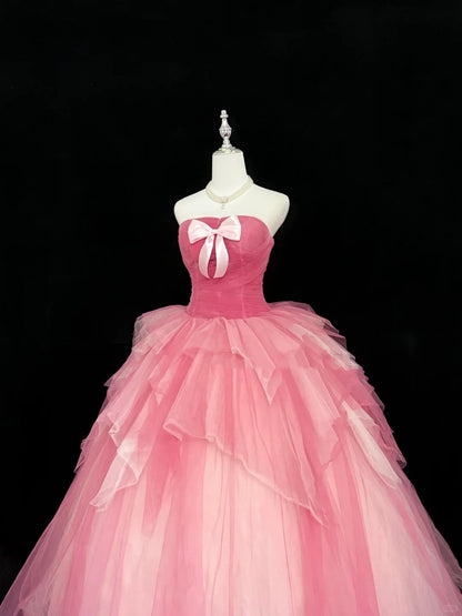 Cute Sweet 16 Dresses Long Ball Gown Strapless Pink Tulle Formal Sweet Sixteen Birthday Gown RC0252