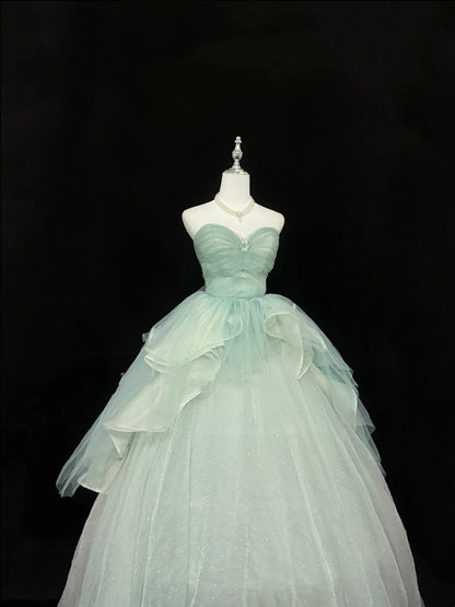 Abendkleider für den 16. Geburtstag, langes Ballkleid, langes Geburtstagskleid für Sweet Sixteen, trägerloses, salbeigrünes Festkleid RC0362