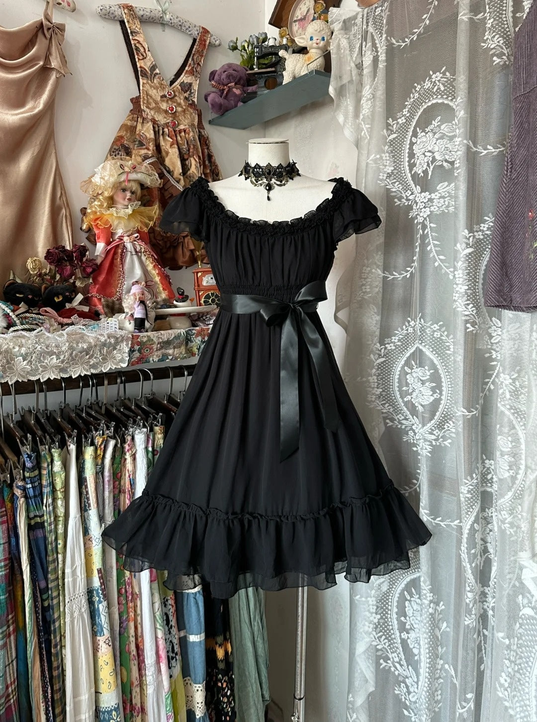 Robe noire courte trapèze vintage, mini-robe de bal, robe de soirée N769