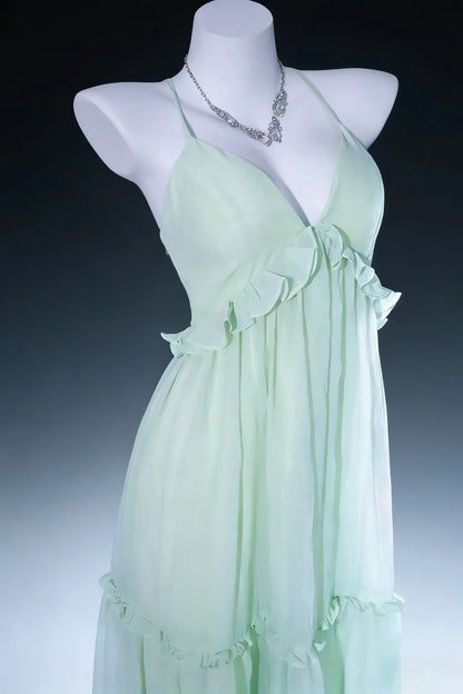 Elegante Ballkleider A-Linie Neckholder Salbeigrün Chiffon Rückenfrei Langes Abendkleid N3044