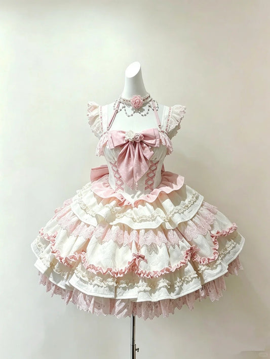 Cute Ball Gown Square Neck Ivory Pink With Tiered Layers Outfit Party Lolita Dresses Inspo Senior 16th Birthday Homecoming Dress RB4800