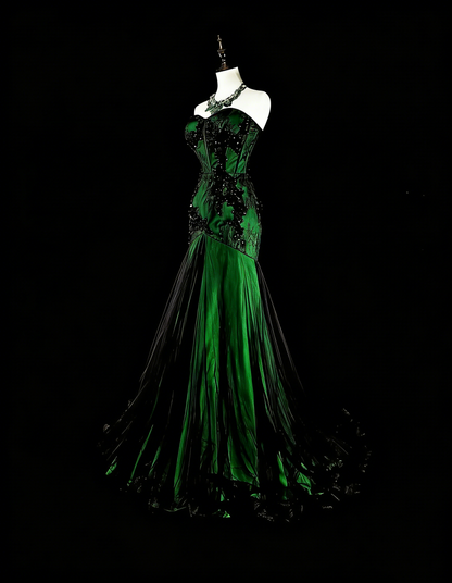 Robe de bal longue sirène modeste en tulle noir et satin vert ornée d'appliques, N1848