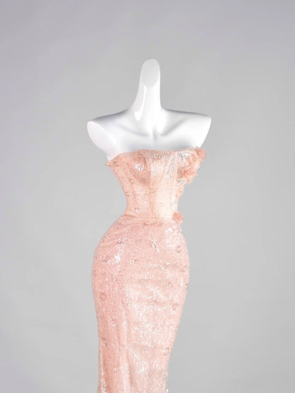 Robe de bal de fin d'année rose sirène élégante, sans bretelles, à sequins et sans manches, N1287