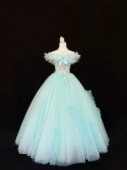Blue Prom Dress Long Floor Length Ball Gown Off Shoulder Tulle Formal Evening Gown For Women RC0221