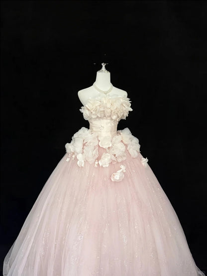 Sweet 16 Dresses Long Ball Gown Sweet Sixteen Long Birthday Dress Strapless 3D Flowers Pink Formal Gown RC0300