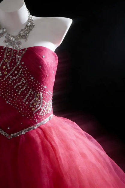 Robes de bal modestes Robe de soirée bustier en tulle rose fuchsia avec perles longue robe de soirée N2956