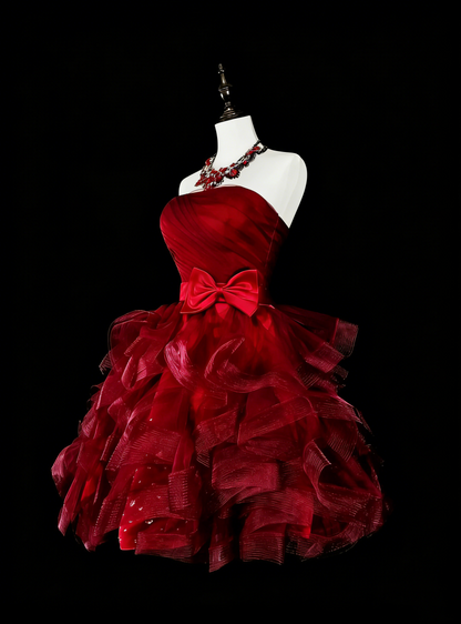 Robe de bal bustier bordeaux en tulle, inspiration années 2000, robe de bal courte, inspiration robe de soirée N1364