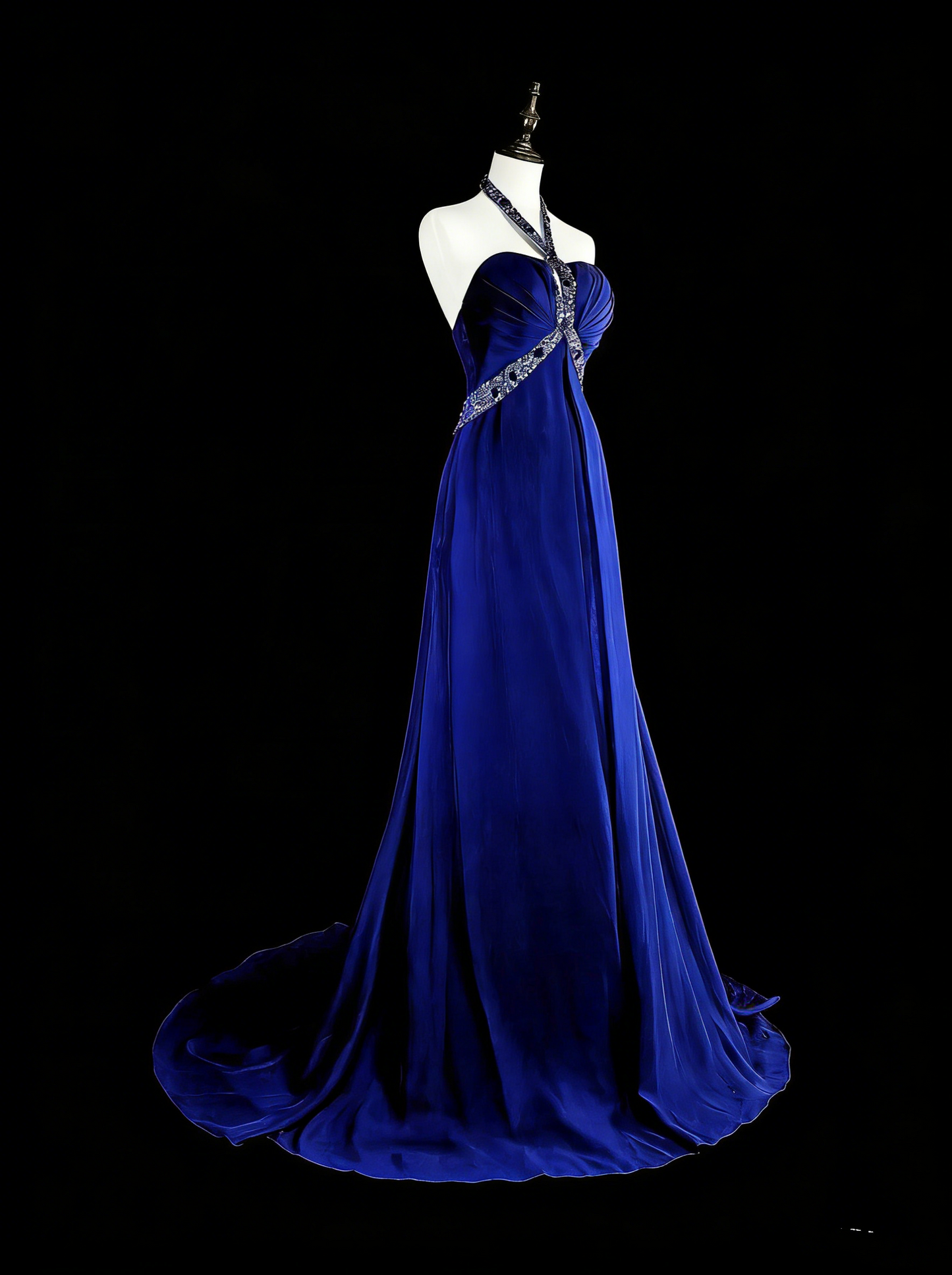 Robe de soirée vintage trapèze en mousseline bleu roi, style années 90, idéale pour un anniversaire ou un bal de promo (N1751)