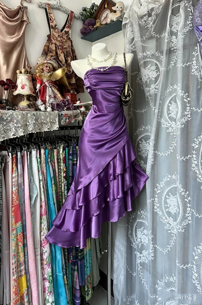 Robes de bal de fin d'année, robes de retour à la maison, tenues d'anniversaire mi-longues en satin couleur champagne sans bretelles style sirène vintage N3740