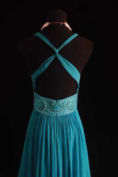 Vintage A line Halter Blue Chiffon Sleeveless Summer Formal For Women Girls Teens Prom Dresses N2245