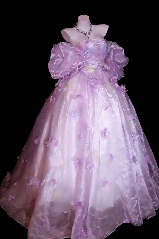 Märchenhafter Ballkleid mit Carmen-Ausschnitt, Fliederfarben, Blumen-Organza, Quinceanera-Kleid N2960
