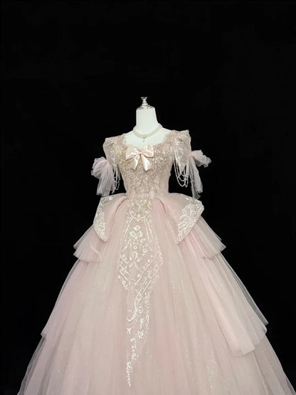 Langes Ballkleid für Sweet 16, eckiger Ausschnitt, Pink mit Spitzenapplikationen, Geburtstagskleid für Sweet Sixteen RC0325