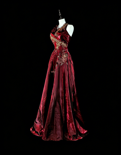 Vintage A-Linien-Abendkleid aus burgunderrotem Satin im Stil der 80er Jahre, formelles Geburtstagskleid, langes Ballkleid N1758