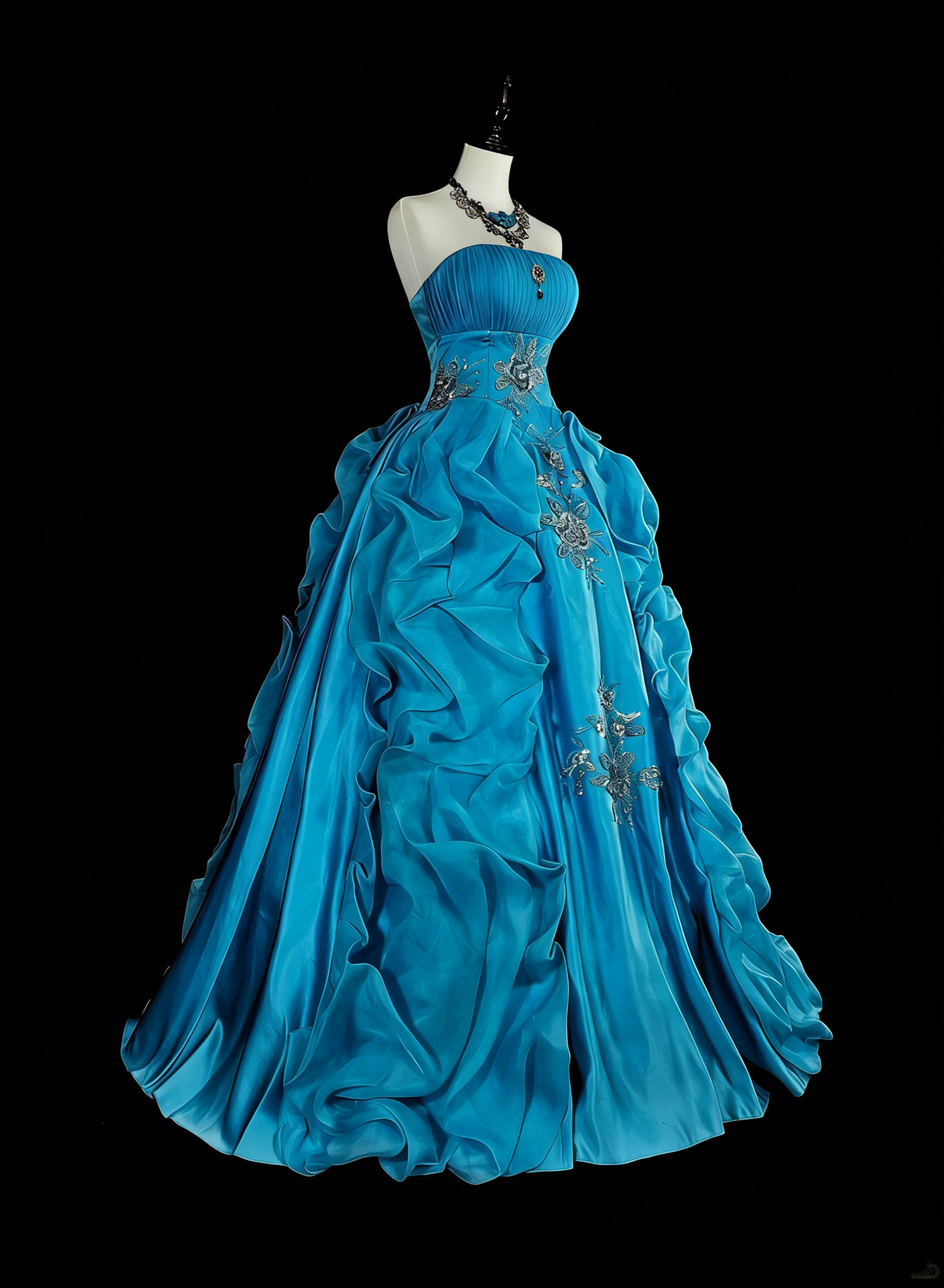 Vintage 1760s Ball Gown Strapless Blue Organza Sleeves Pleated Long Prom Dresses N1586
