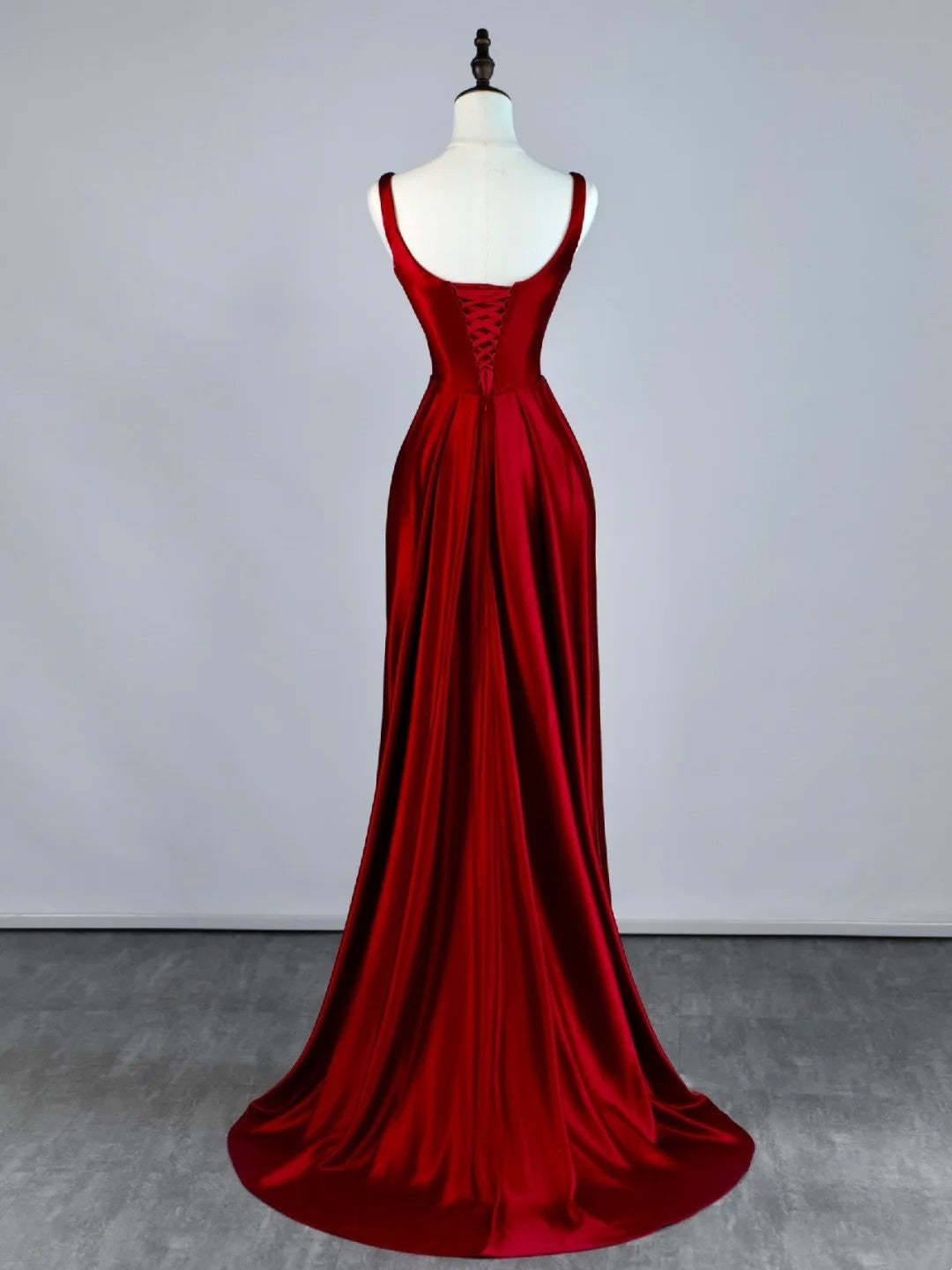 Robe de bal longue sirène en satin bordeaux à col carré, inspiration robe de princesse, robe de remise de diplôme N1086