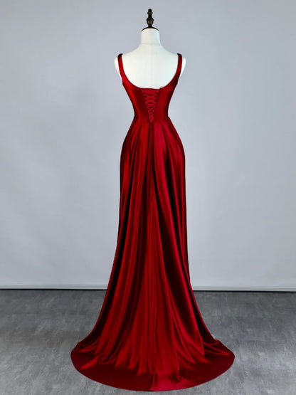 Robe de bal longue sirène en satin bordeaux à col carré, inspiration robe de princesse, robe de remise de diplôme N1086