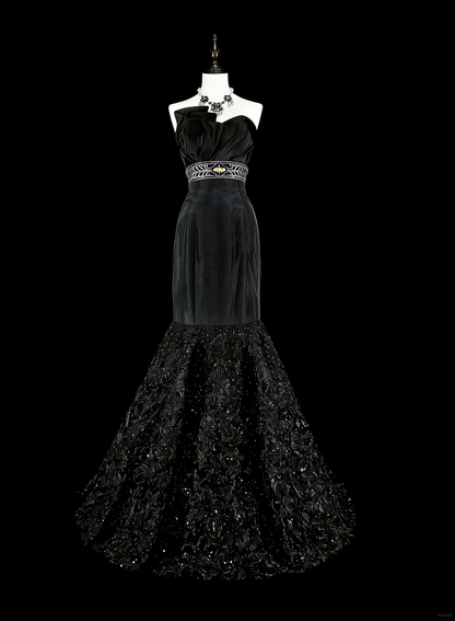 Vintage Prom Dresses Aesthetic 1970s Retro Mermaid Black Satin Long Formal Dress N2151