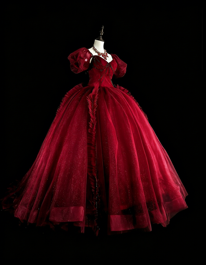 Robes de bal vintage pour le bal sans bretelles, tulle rouge bordeaux, années 2000, longue robe de soirée N2379