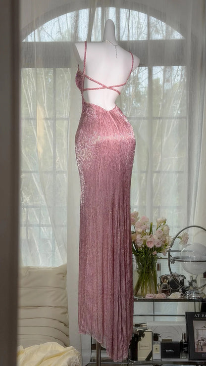 Elegant Prom Dresses Mermaid Spaghetti Strap Pink Sequin Slit Floor Length Formal Evening Outfits N3521