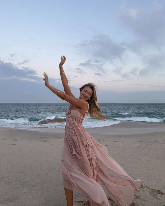 Niedliches, rückenfreies, langes Sommerkleid mit A-Linien-Ausschnitt, Schal, geeignet für Strand, Ball und Hochzeiten im Frühling (N1404)