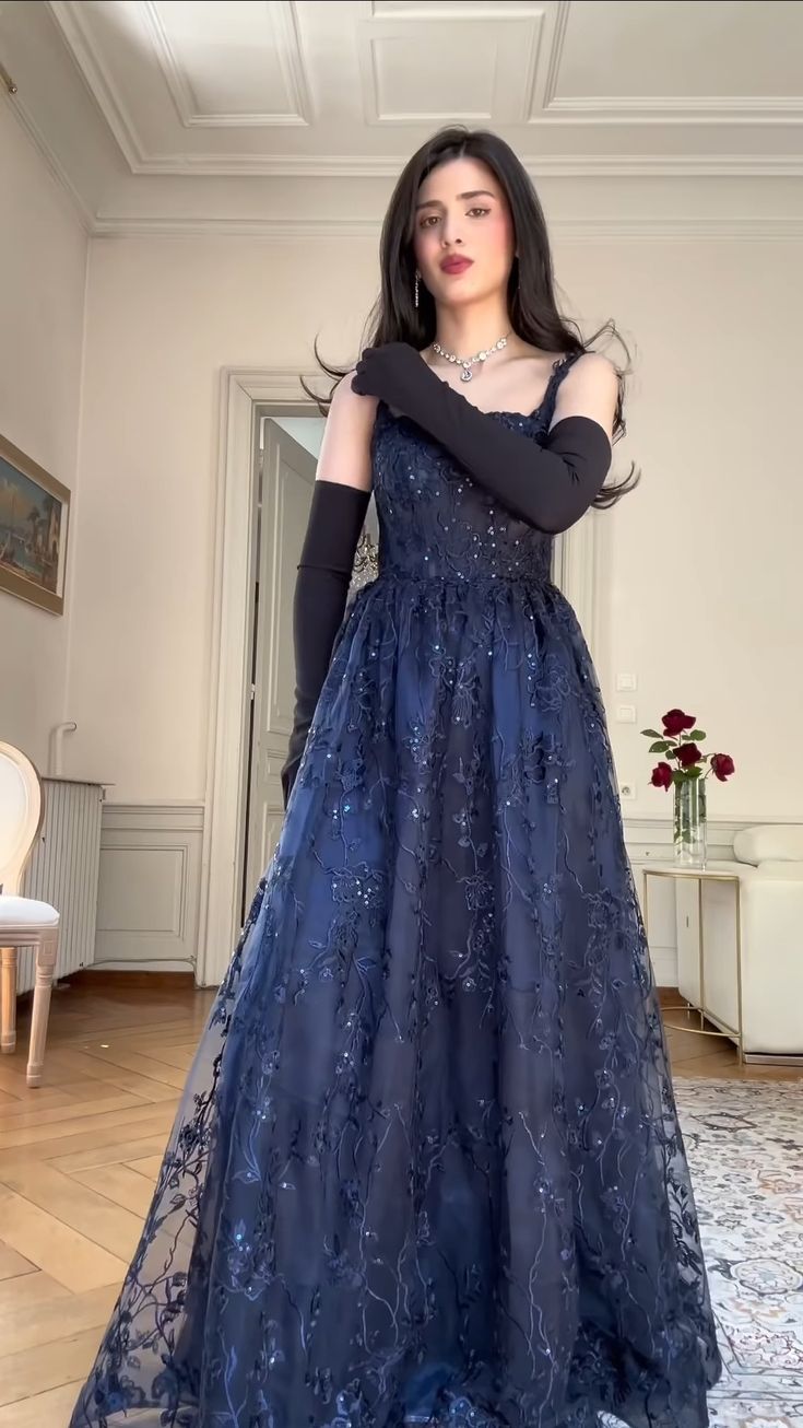 Unique A line Spaghetti Straps Navy Blue Long Prom Dresses Dark Blue Lace Formal Gown Inspo Evening Outfit AB717