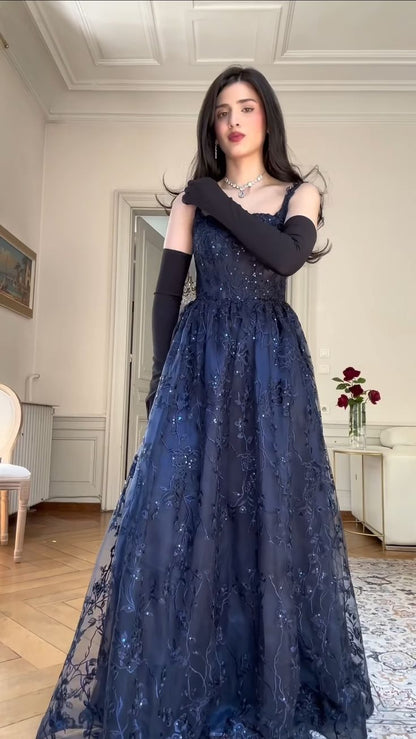 Unique A line Spaghetti Straps Navy Blue Long Prom Dresses Dark Blue Lace Formal Gown Inspo Evening Outfit AB717