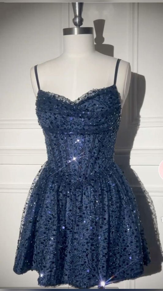 Elegantes A-Linien-Spaghetti-Trägerkleid Marineblau Pailletten Partykleid Kurz Mini 15. Geburtstag Kleider Hoco Outfits RB3394