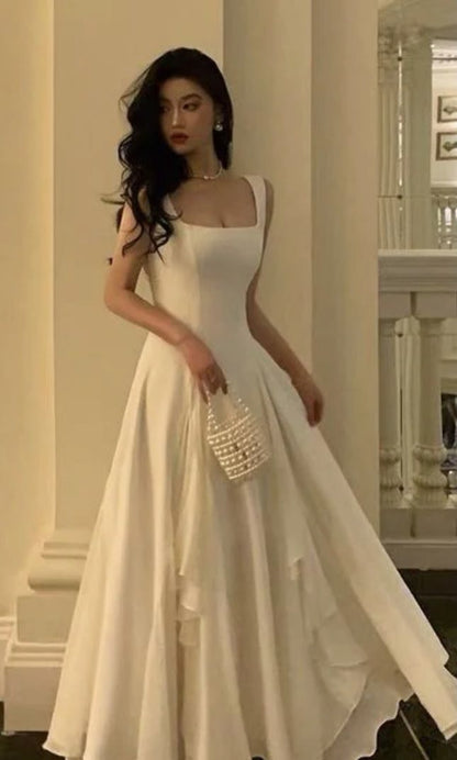Wunderschönes, ärmelloses, weißes A-Linien-Kleid mit eckigem Ausschnitt, perfekt für Date-Nights, Abschlussball oder Geburtstage (AB1915)