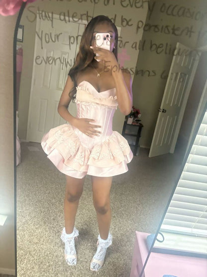 Robe de soirée Sweet Ball Gown, taille basse, décolleté cœur, rose poudré, pour femmes noires, robe de fête courte, mini robe d'anniversaire 18 ans, tenue de bal Hoco RB3617