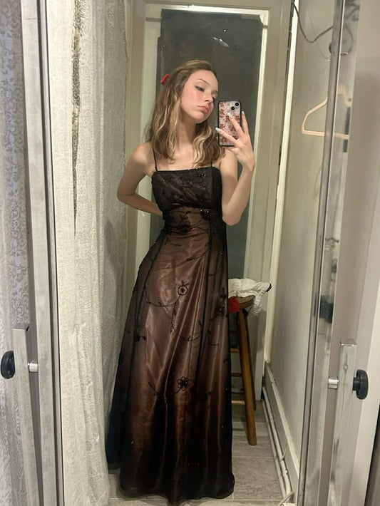 Vintage Ballkleider A-Linie Spaghettiträger 90er ärmellos braun langes Abendkleid festliches Kleid RB3020
