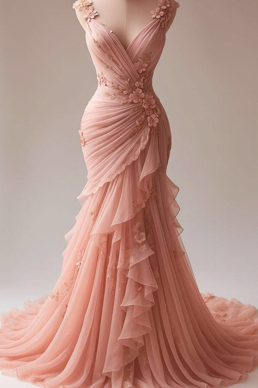 Vintage Meerjungfrau V-Ausschnitt Rosa Chiffon mit Blumen Ärmellos Abendkleid Ballkleider N2564