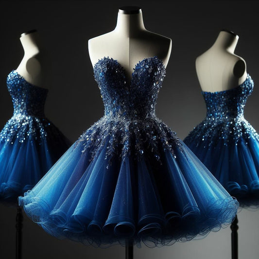 Cute Ball Gown Sweetheart Tulle Navy Blue With Appliqued Cocktail Dress Short Mini Homecoming Dresses RB6316