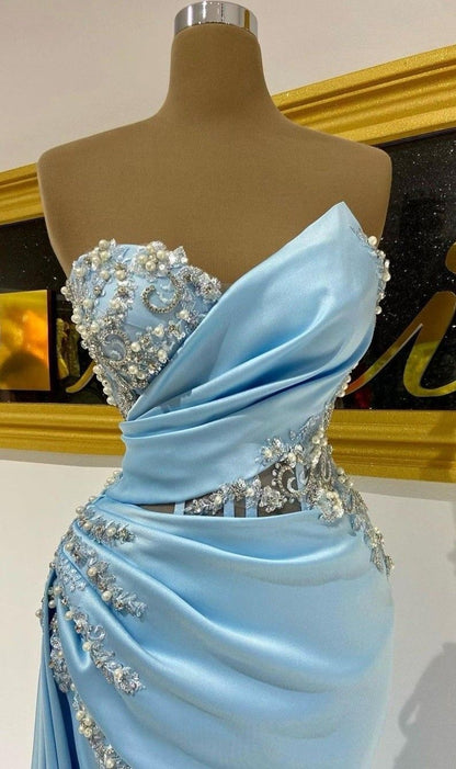 Robe de soirée sirène moulante fendue bleue bustier sans manches à paillettes sexy pour femmes N4064