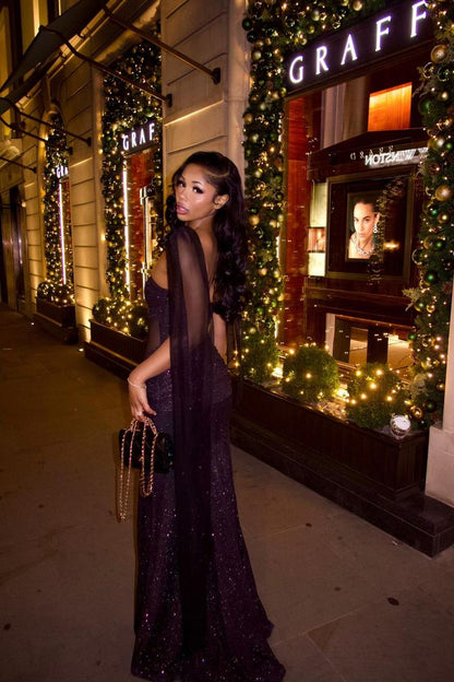 Sexy Strapless Sleeveless Grape Sequin Prom Dresses Mermaid Sheath With Scarf For Women N4060