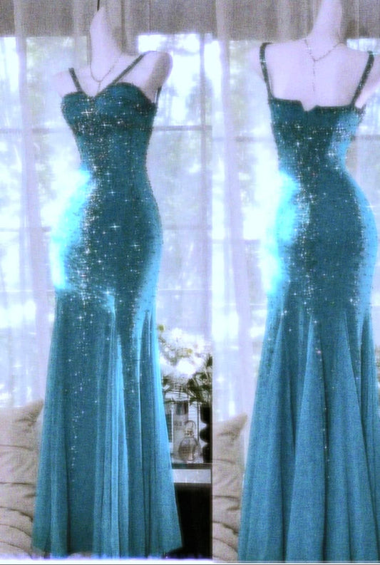 Sparkly Mermaid Halter Blue Sequined Long Prom Dress Inspiration Party For Womens Formal Dresses RB8696