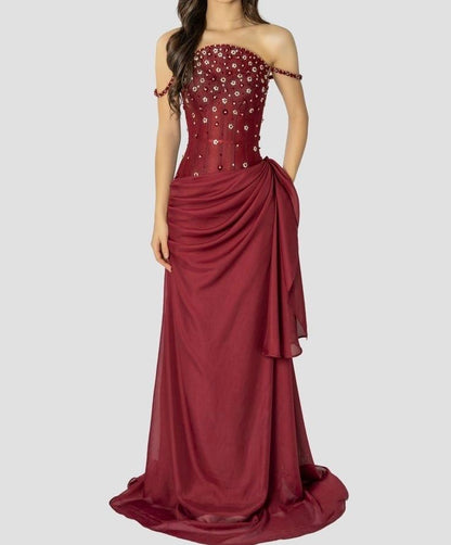 Elegantes Meerjungfrauen-Abendkleid mit Spaghettiträgern in Burgunderrot aus Chiffon – ein stilvolles Kleid für Teenager, ideal für festliche Anlässe und Partys (AB1122).